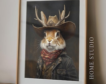 Jackalope Cowboy Art Print - Western Wildlife Picture, Vintage Ranch Style, Whimsical Animal, Adorable Critter
