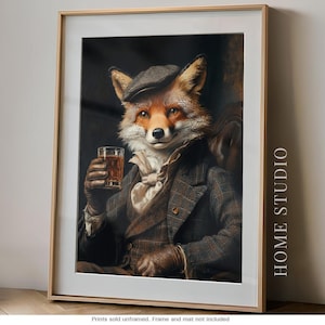 Fox Whiskey Art Print - Dapper Moody Animal, Vintage Suit Gentleman Picture, Irish Pub Tavern