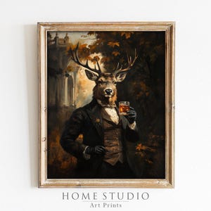 Dapper Dressed Stag Victorian Portrait Scotch Whiskey Art Print Unframed Wall Vintage Deer Animal Wall Home Bar Cottagecore Bar Cart Decor