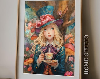 Alice in Wonderland Tea Party - Storybook Wall Art, Tea Room Decor, Whimsical Fantasy Print