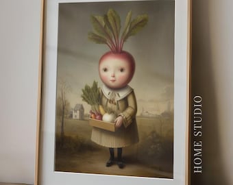 Lámina artística de Beet Girl - Retrato de verduras vintage, decoración de cocina original, póster estilo cottagecore