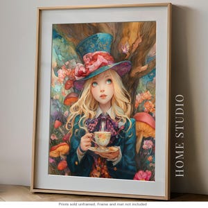 Alice in Wonderland Tea Party - Whimsical Watercolor Fairytale Wall Art, Storybook Fantasy Print, Mad Hatter Hat Illustration, Home Decor