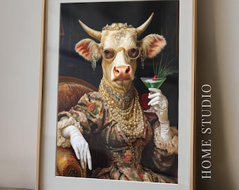 Lámina Glam Cow Martini - Retrato de cóctel vintage, arte de bar original, decoración animal elegante