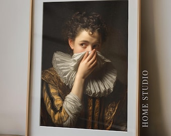 Victorian Bathroom Portrait - Holding Nose Art, Powder Room Decor, Funny Lady Print