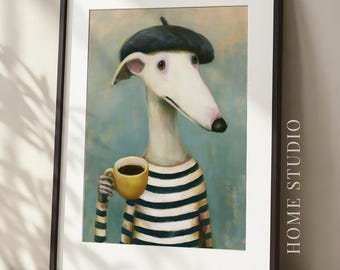 Perro Beatnik Coffee - Arte de pared para cafetería, lámina de whippet peculiar, decoración para rincón de desayuno