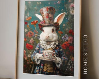 White Rabbit Tea Art Print - Whimsical Wonderland Picture, Vintage Mad Hatter Style, Victorian Bunny