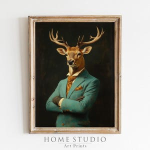 Stag Art Print Unframed Whimsical Deer Portrait In Teal Blue Suit Animal Wall Art Unique Gentleman Décor Gift For Nature Lovers Him Rustic