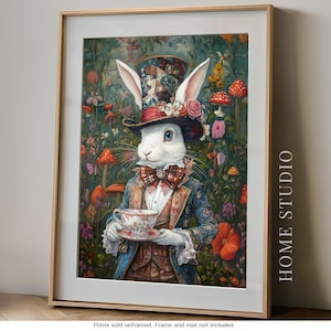 White Rabbit Tea Party Art Print - Wonderland Picture, Mad Hatter Hat, Whimsical Alice Fantasy