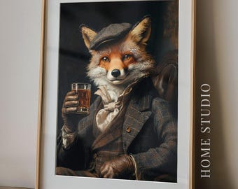 Lámina artística de zorro y whisky: animal elegante y melancólico, imagen de caballero con traje vintage, taberna de pub irlandés