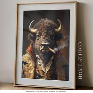 Bison Portrait Art Print Unframed Aristocratic Buffalo Smoking Cigar Wall Decor Western Cowboy Lodge Style Rustic Home Gift Him Animal Head