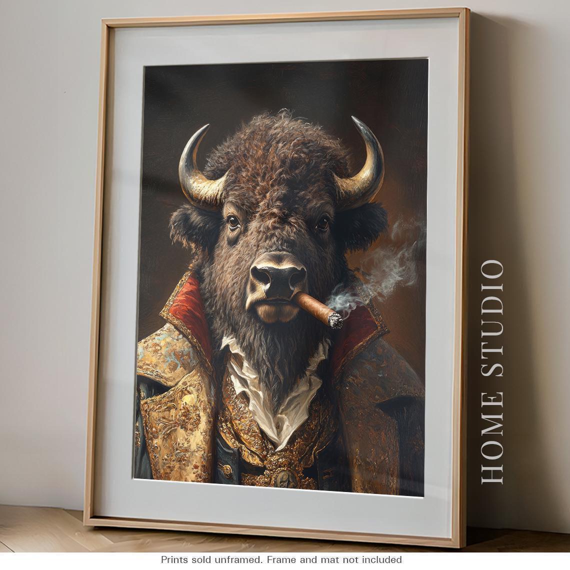 Bison Portrait Art Print Unframed Aristocratic Buffalo Smoking