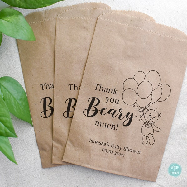 Baby Shower Favor Bags - Thank You Beary Much Bow Paper Cookie Candy Bar Treat Bags for Baby Boy Baby Girl Baby Shower or Baby Sprinkle