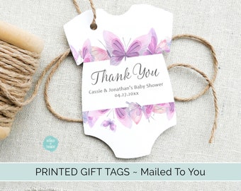 Butterfly Baby Shower Favor Tags | Pink and Purple Butterfly Custom Personalized Bodysuit One Piece Cardstock Party Favor Tags