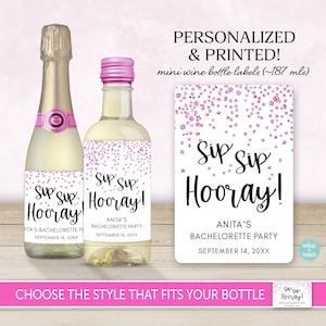 Personalized Bachelorette Party Favor Mini Wine Bottle Label - Personalized Hostess Gift, Pink Glitter Look Theme