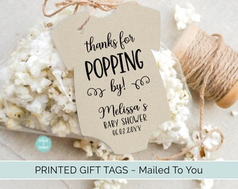 Popcorn Baby Shower Favor Tags | Thanks for Popping By! Custom Personalized Cardstock Bodysuit One Piece Party Favor Gift Tags