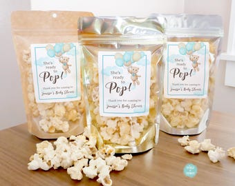 Teddy Bear Baby Shower Favor Bags With Stickers, Popcorn Favor Bags, Stand Up Pouches, We Can Bearly Wait Treat Bags WT005BL