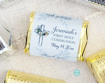 First Communion Chocolate Favor Stickers, Boy's Baptism Favor Labels, Personalized Blue Chocolate Nugget Stickers - Set of 24 Stickers