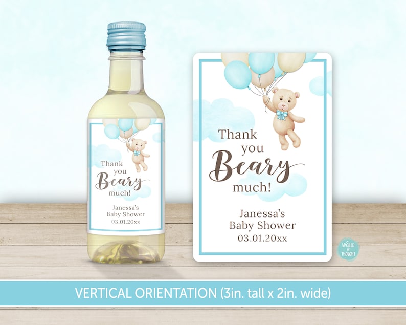 PRINTED Bear Balloon Baby Shower Party Favor Mini Wine Bottle Label We Can Bearly Wait Custom Hostess Gift, Personalized Wine Sticker image 3