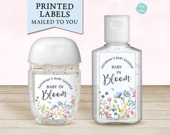 PRINTED Baby In Bloom Baby Shower Hand Sanitizer Favor Stickers, Personalized Baby Shower Favor | Little Wildflower Baby Sprinkle Favor