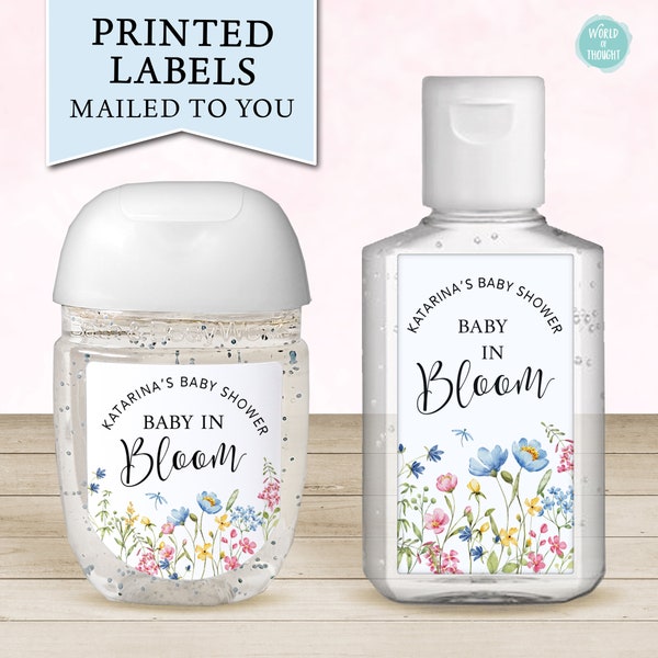 Baby In Bloom Baby Shower Favor Labels, Personalized Baby Shower Hand Sanitizer Favor | Little Wildflower Baby Sprinkle Favor