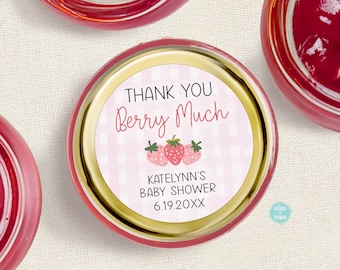 Strawberry Baby Shower Favor Labels, Personalized Baby Shower Round Stickers | Thank You Berry Much Baby Sprinkle Favor WT008