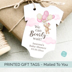 Teddy Bear Baby Shower Favor Tags | Pink Teddy Bear with Balloons | Personalized Bodysuit One Piece Cardstock Party Favor Gift Tags WT005P