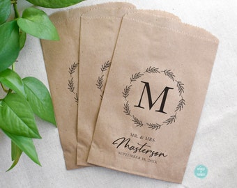 Wedding Bridal Shower Favor Treat Bag - Custom Personalized Paper Bags - Wreath Monogram Cookie Candy Bar Favor Bags