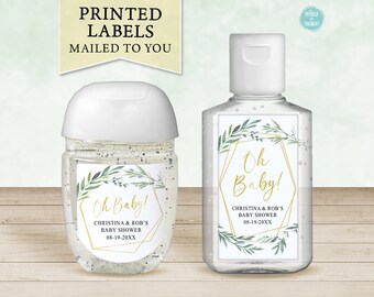 PRINTED Oh Baby! Sanitizer Favor Stickers, Custom Personalized Baby Shower Favor | Watercolor Leaves Greenery Baby Sprinkle Favor