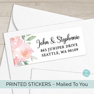Return Address Labels | Custom Personalized Stickers Printed and Shipped | Modern Calligraphy Pink Watercolor Roses Adhesive Labels