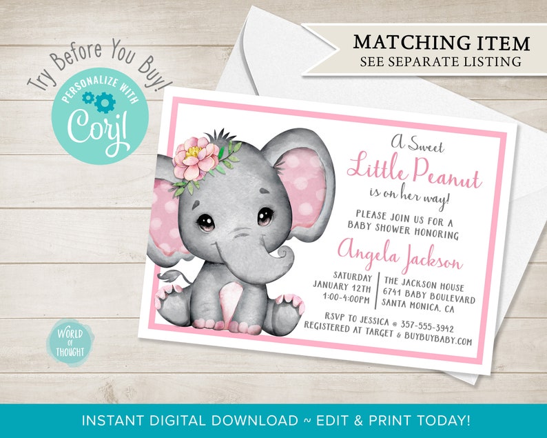 Baby Elephant Baby Shower Favor Labels, Custom Personalized Baby Shower Hand Sanitizer Favor Stickers Pink Flower Baby Girl Shower WT002P image 3