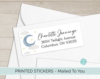 PRINTED Moon & Stars Return Address Labels | Personalized Stickers Printed and Mailed | Twinkle Twinkle Little Star - Set of 24  WT003