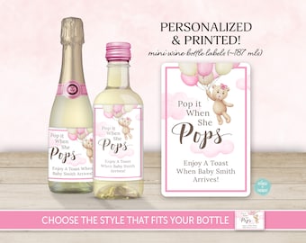 PRINTED Bear Balloon Baby Shower Party Favor Mini Wine Bottle Label | Pop It When She Pops | Custom Hostess Gift, Personalized Wine Sticker