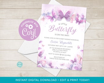 Butterfly Baby Shower Invitation, Instant Download Editable Invitation For Baby Shower or Baby Sprinkle, 2 Sided Front & Back Corjl