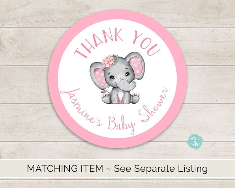 Baby Elephant Baby Shower Favor Labels, Custom Personalized Baby Shower Hand Sanitizer Favor Stickers Pink Flower Baby Girl Shower WT002P image 2