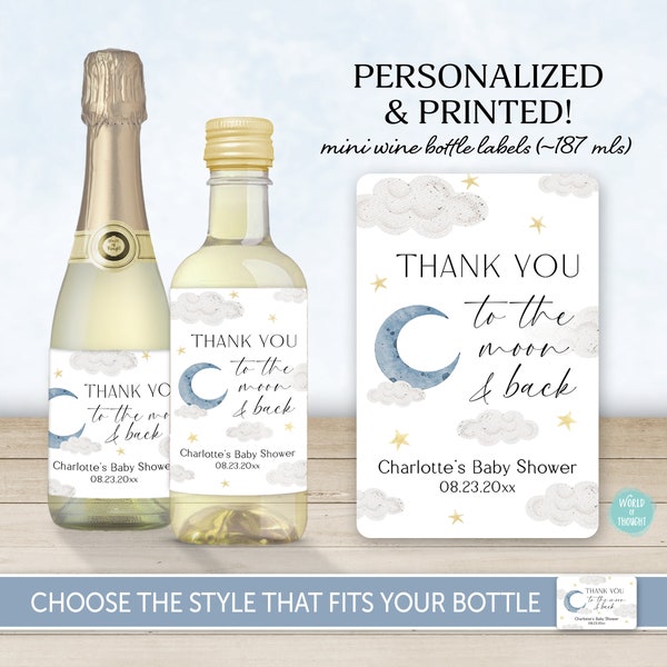 PRINTED Moon & Stars Baby Shower Party Favor Mini Wine Bottle Label | Twinkle Twinkle Little Star Custom Printed Champagne Split Label WT003