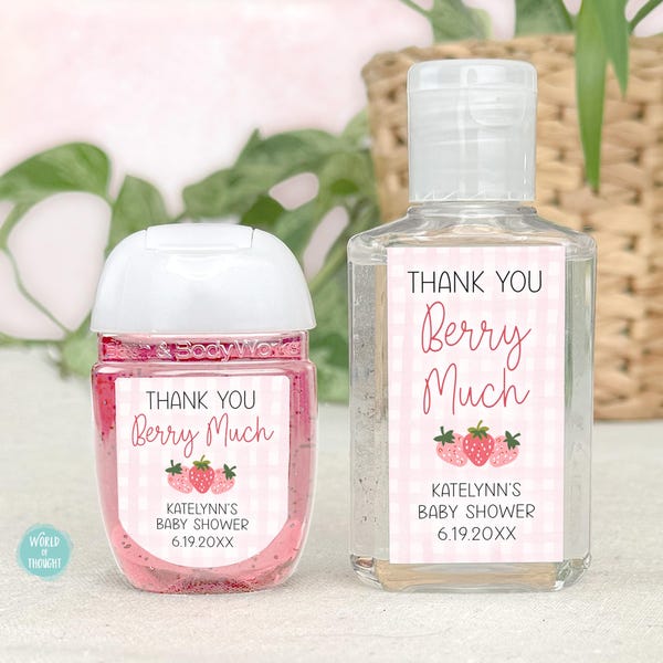 Strawberry Baby Shower Favor Labels, Personalized Baby Shower Hand Sanitizer Favor | Thank You Berry Much Baby Sprinkle Favor WT008