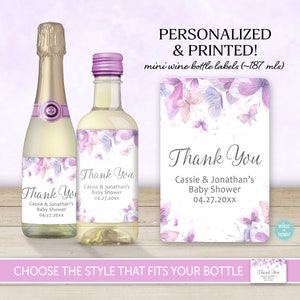 PRINTED Watercolor Butterfly Baby Shower Party Favor Mini Wine Bottle Label |  Personalized Wine Sticker Champagne Label  WT004