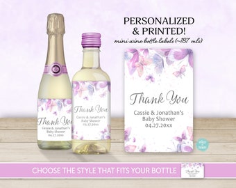 PRINTED Watercolor Butterfly Baby Shower Party Favor Mini Wine Bottle Label |  Personalized Wine Sticker Champagne Label  WT004