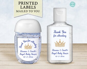 PRINTED Royal Prince Sanitizer Favor Stickers, Custom Personalized Baby Shower Favor | Blue Gold Glitter Crown Baby Sprinkle Favor