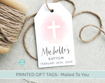 Personalized Pink Watercolor Cross Girl Baptism Tags | Custom Finished Cardstock Party Favor Gift Hang Tags