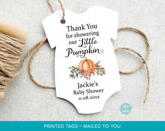 Little Pumpkin Baby Shower Favor Tags | Gender Neutral Custom Personalized Bodysuit One Piece Cardstock Party Favor Gift Hang Tags