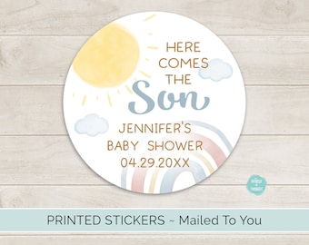 Here Comes the Son Baby Shower Favor Stickers, Custom Personalized Baby Shower Labels | Sun and Rainbow Baby Boy Stickers