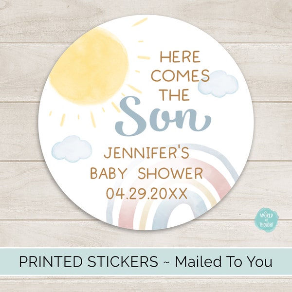 Here Comes the Son Baby Shower Favor Stickers, Custom Personalized Baby Shower Labels | Sun and Rainbow Baby Boy Stickers