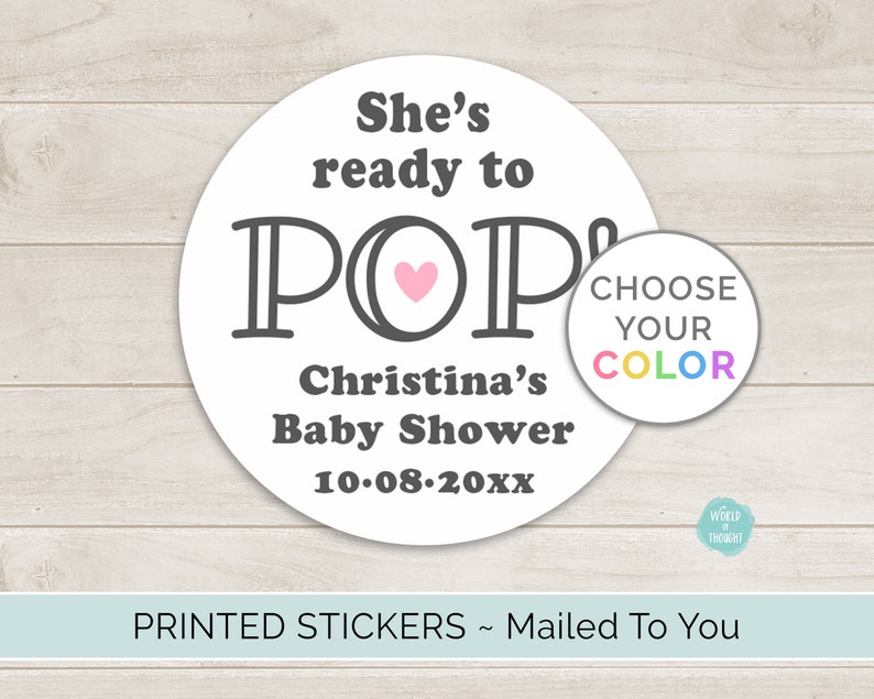 PRINTED She's Ready to Pop Round Circle Stickers She's Going to Pop Baby Shower Gift Bag Favor Bag Popcorn Stickers image 1