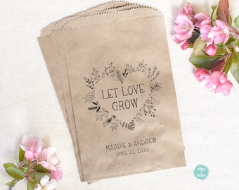 Wedding Shower Favor Bag - Custom Personalized Thank You Bags - Let Love Grow Paper Flower Seed or Treat Bags for Wedding or Bridal Shower