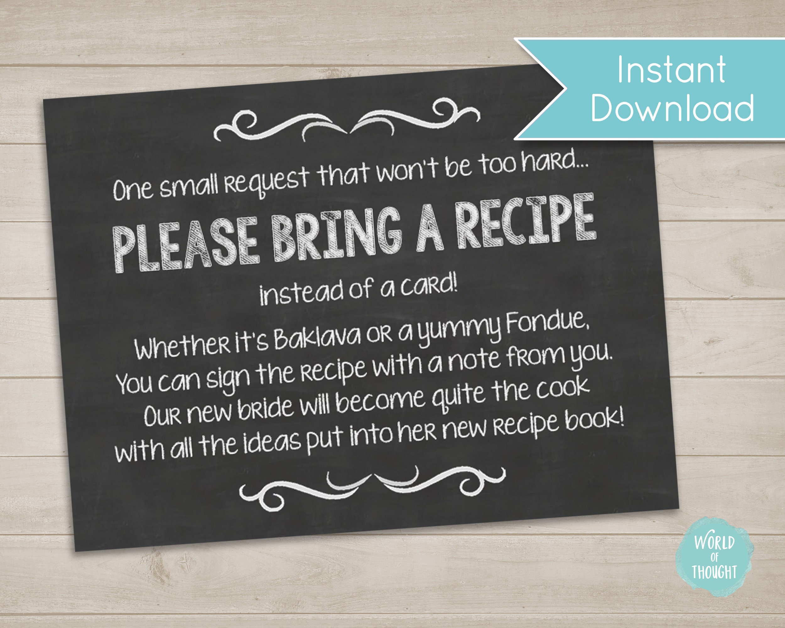 Please Bring A Recipe Instead Of A Card Insert For Bridal Etsy