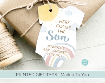 Personalized Here Comes the Son Baby Shower Tags | Custom Finished One Piece Cardstock Party Favor Gift Hang Tags