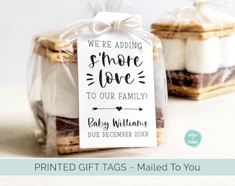 PRINTED Personalized S'more Baby Shower Tags | Custom Finished We're adding S'more love to our family Cardstock Party Favor Gift Hang Tags