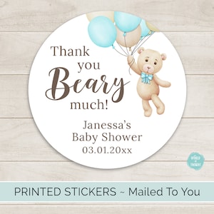 Teddy Bear Baby Shower Favor Stickers, Custom Personalized Round Circle Baby Shower Favor Labels Teddy Bear with Balloons Baby Sprinkle image 1