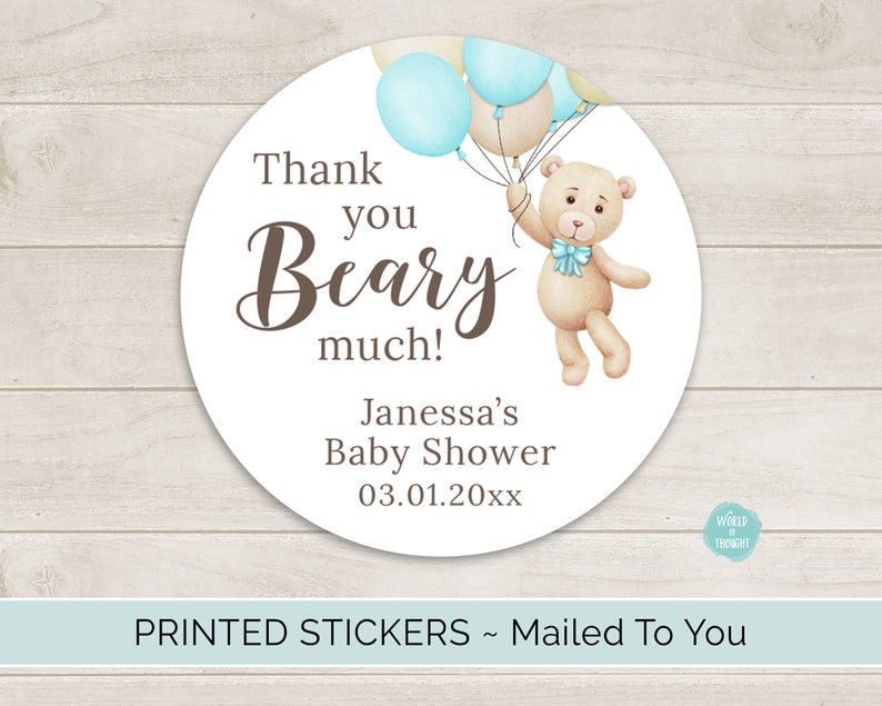 Teddy Bear Baby Shower Favor Stickers, Custom Personalized Round Circle Baby Shower Favor Labels Teddy Bear with Balloons Baby Sprinkle image 1